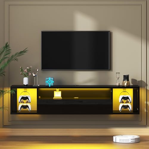 55 Inch Wall Mounted Floating TV Stand with LED Lights & Shelves