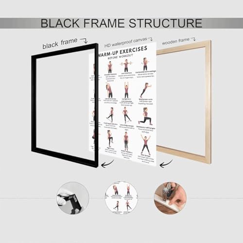 Pre-Workout Warm-Up Exercise Poster, 16 Illustrated Full-Body Prep Movement Chart, Bodyweight Joint Loosening Reference to Prevent Strains Before Home & Gym Fitness Training Sessions(24x36inchs，Black Framed)