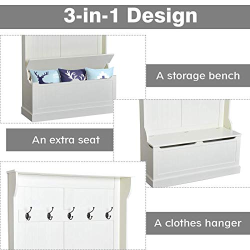Hall Tree with Bench and Shoe Storage 3-in-1 Coat Rack Cream White