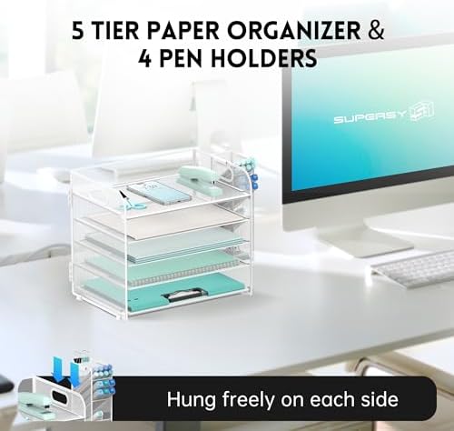 5-Tier Paper Organizer for Desk with Pen Holders, Letter Trays, White