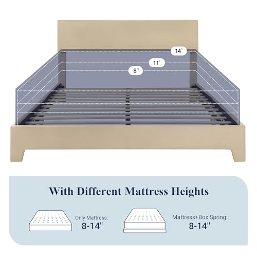 Queen Size Upholstered Bed Frame Adjustable Headboard, Beige