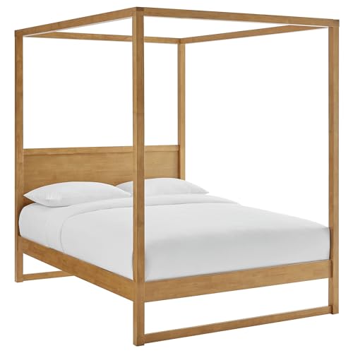 Alva Queen Size 4-Post Wood Platform Canopy Bed in Oak – with with Headboard and Solid Rubberwood Frame
