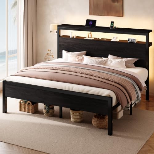 King Bed Frame, 2-Tier Storage Headboard, LED, Charging Station