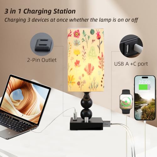 Bedside Table lamp Dimmable with Charging Station, Small end Desk Nightstand Lamps with USB Ports and outlets for Bedroom Living Room Office Reading Gifts Home Decorative LED Edison Bulb Included