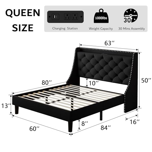 Queen Bed Frame with 16" Comfort Wingback & Charging Station,Upholstered Platform Bed with Button Tufted Storage Headboard, Solid Wood Slats Support, No Box Spring Needed, Black