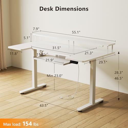 55 Inch U Shaped Electric Standing Desk with Keyboard Tray, White