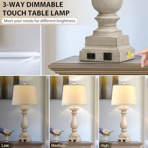 28" Tall Farmhouse Table Lamps with USB C+A Ports and AC Outlet, 3 Way Touch Control Rustic Bedside Lamps for Bedroom, Beige Vintage Nightstand Lamps for Living Room Office