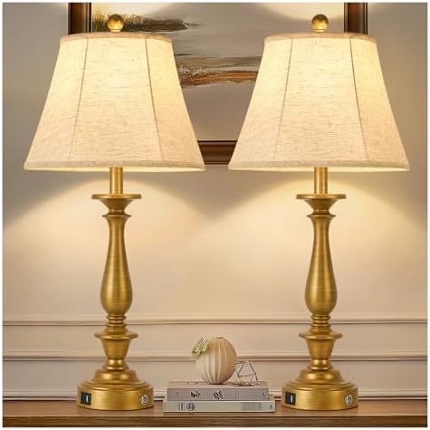 AIDENOEY 28.5" Traditional Table Lamp Set of 2, Rustic Farmhouse Table Lamps for Living Room Bedroom, Bedside Desk Lamps Vintage Nightstand Lamps with Silk Fabric Shades，Antique Gold Table Lamp