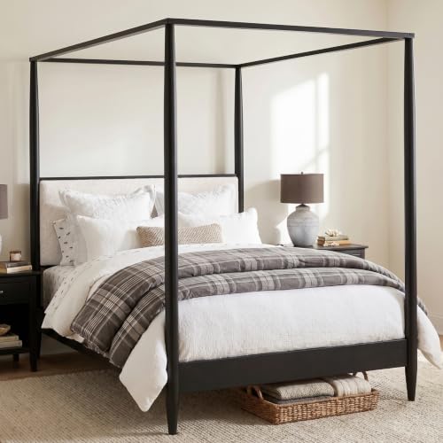Queen 4-Poster Wood Canopy Bed with Boucle Headboard, Black