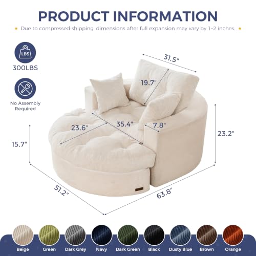 Oversized Round Chaise Lounge Sofa, Boneless Chair with Ottoman