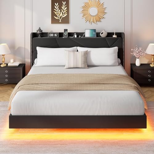 Queen Size Floating Bed Frame with Light and Charging Station, Black