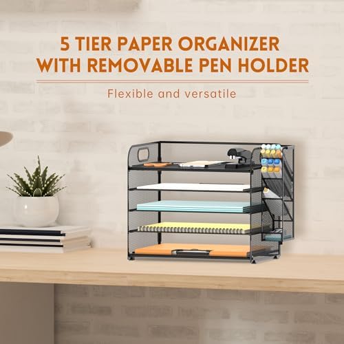 5-Tier Paper Organizer for Desk with Pen Holders, Letter Trays, Black