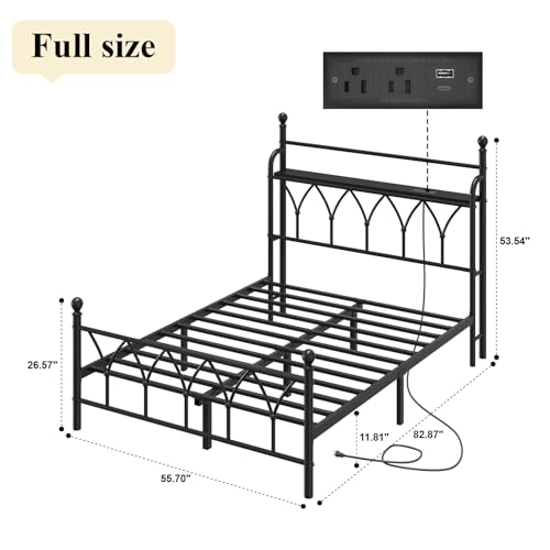 Full Size Metal Bed Frame with Storage Headboard, Charging Station, Black