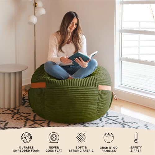 Big Joe Fuf 4Ft Foam Bean Bag Chair with Removable Cover for Kids, Teens, Moss Green, Corded Plush, 4 Foot Large Reading and Gaming Seat