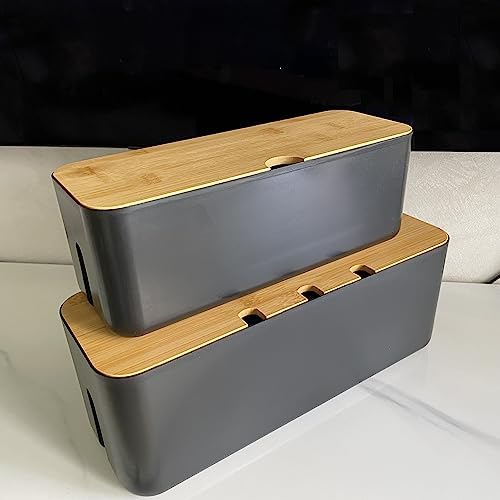 Cable Management Box with Bamboo Lid, Power Strip Organizer, Black 2PCS