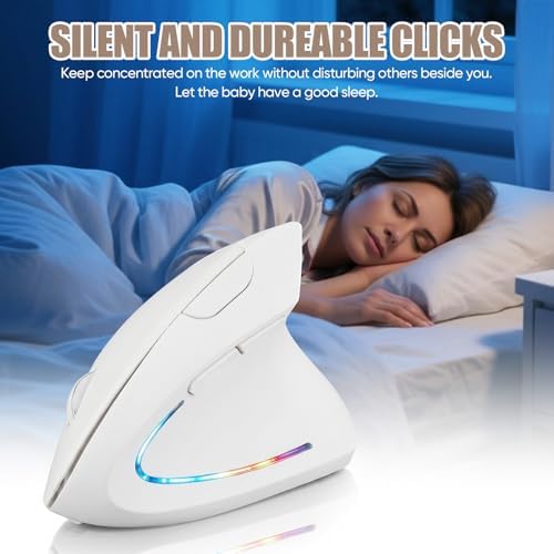 Wireless Bluetooth Ergonomic Vertical Mouse, Rechargeable Silent Slim Laptop Mouse,Portable(BT5.2+USB Receiver) LED Dual Mode Computer Mice,for Laptop,Desktop Computer,ipad Tablet,Phone,TV (White）