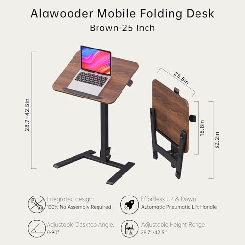 25" Mobile Folding Desk: Pneumatic Sit-Stand, No Assembly