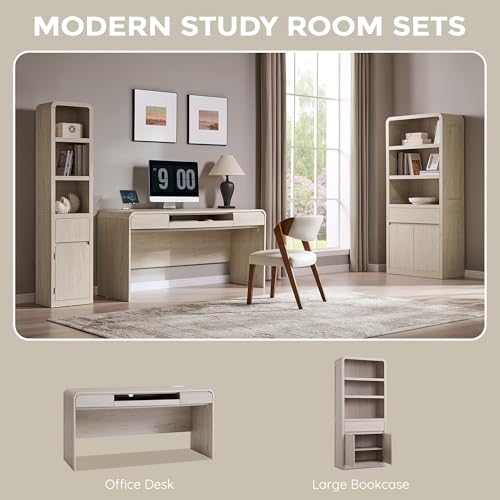 63" Modern Computer Desk with 2 Drawers, Wood Curved (Cream)