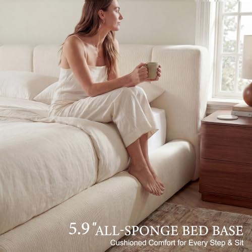 Queen Cloud Bed Frame with Headboard Removable, 5.9'' Boucle Upholstered Bed Rounded Corner Design, Soft Modern Low Platform Floor-Standing Support, Easy Assembly, No Box Spring Needed, White