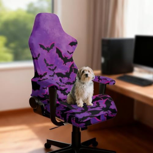 Halloween Gaming Chair Protector Slipcover 4-Piece Fits Office/PC Boss Recliners Anti-Scratch Washable with Zipper for Living Room Purple Black Bat