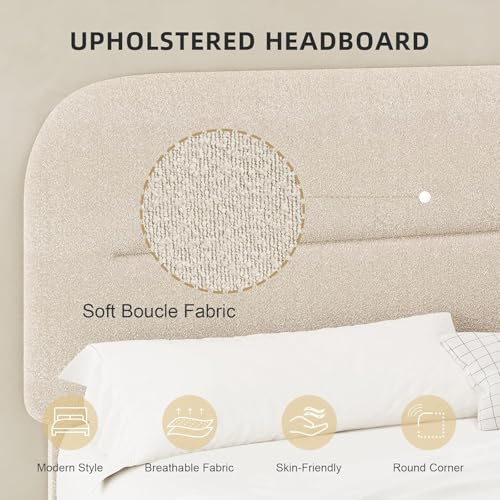 Queen Size Cloud Bed Frame, Beige Plush Boucle Upholstered Bed
