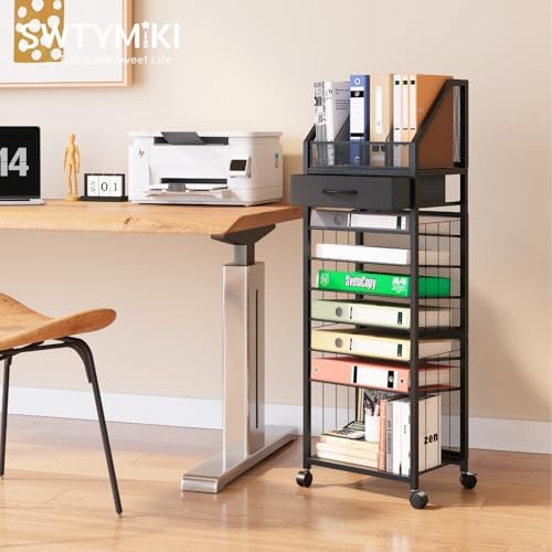 SWTYMIKI 9-Tier Rolling File Cart - Paper Organizer with Drawer and Trays, Wood Desk Office Organizer, Office Organization and Binder Storage for Workspace, Home, School, Black