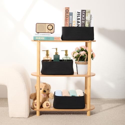 MiniArk Small Storage Baskets for Organizing | Closet Organizer Bins | Shelf Toy Basket | Woven Rope Baskets | Cube Decorative Box | Shallow Basket | 11.5x7.5x4.7” | 4 Packs Black