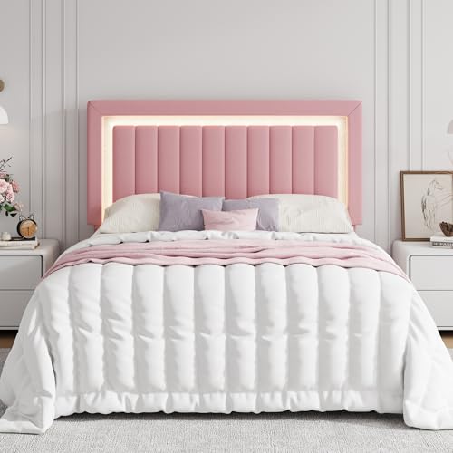 Queen Size Velvet Bed Frame with LED Light, Pink