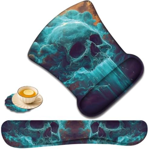 Ergonomic Keyboard Wrist Rest & Mouse Wrist Support Set with Lace Coaster, Gel Memory Foam Anti-Slip Base, Pain Relief for Typing, Mystical Skull