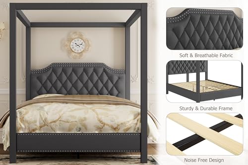 Upholstered Canopy Bed Queen Size with Button Tufted headboard