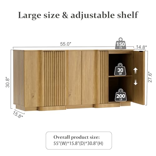 Fluted Buffet Cabinet with Storage, 55" Accent Sideboard Credenza