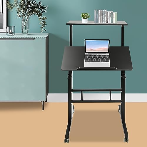 Mobile Stand up Desk, Portable Rolling Desk Laptop Cart, Height Adjustable Table, Small Adjustable Standing Desk with Wheels Home Office Workstation, for Computer Desk, Study Desk (Black)