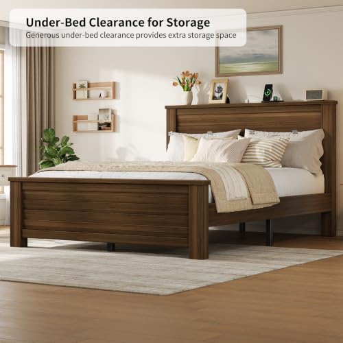 Wooden Platform Full Bed Frame with Charg3 Station, Thick Headboard, Brown