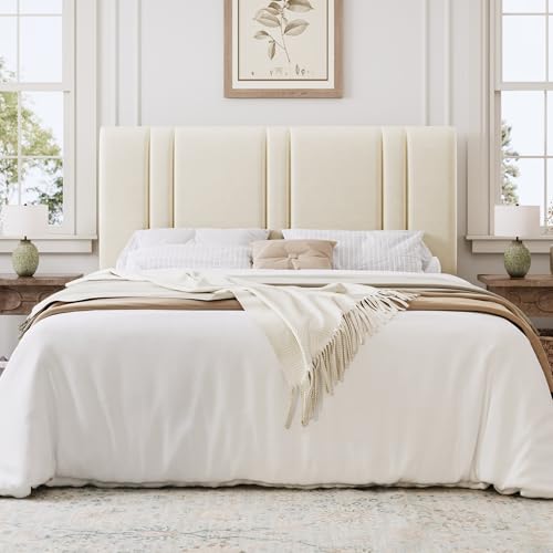 Queen Size Velvet Bed Frame with Adjustable Headboard, Cream