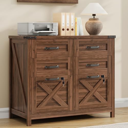 Halitaa Farmhouse Lateral File Cabinet with 6 Drawers, Walnut