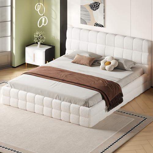 JIVOIT King Size Upholstered Platform Bed with Headboard, Berber Fleece Fabric (White & 12,King)