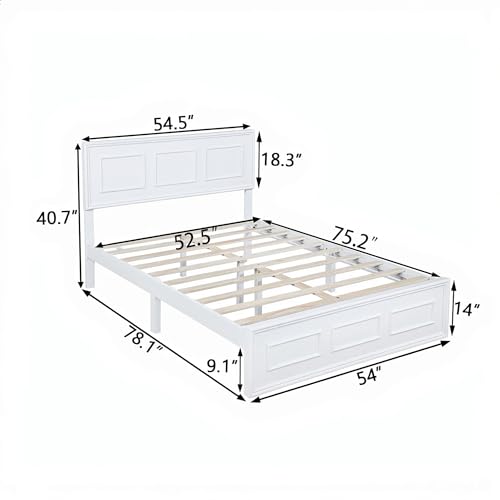 White Farmhouse Wood Full Size Bed Frame with Adjustable Headboard