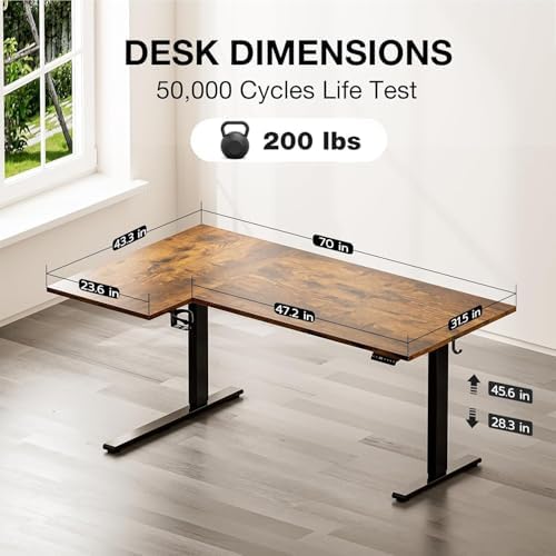 Muvai 71" L Shaped Standing Desk with Cable Tray, Reversible,Rustic Brown