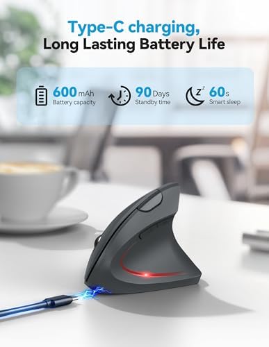 TECKNET Ergonomic Mouse, Rechargeable 2.4G+Bluetooth Vertical Mice 6 DPI Adjustable, Wireless Optical Carpal Tunnel Mouse Right Hand, Multi Device for Laptop, PC, Computer, MacBook, iPad - Grey
