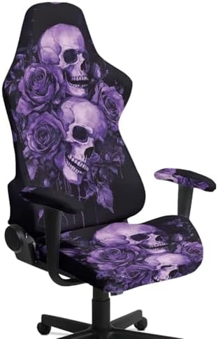 Skull Purple Gaming Chair Cover Stretchable Game Chair Slipcovers with 2 Armrest Covers, Scratch-Proof Gamer Desk Chair Covers for Computer Office Seat