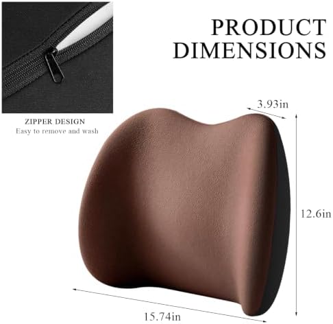 Car Lumbar Support Cushion, Ergonomic Memory Foam Car Back Support w/Removable Cover, Universal Breathable Lumbar Cushion Back Support Pillow with Adjusatble Strap (Coffee)