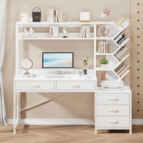 52" Computer Desk with Bookshelf, 5 Drawers ＆ Hutch for Bedroom