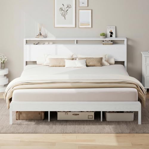 King Size Bed Frame with 2-Tier Storage Shelf Headboard