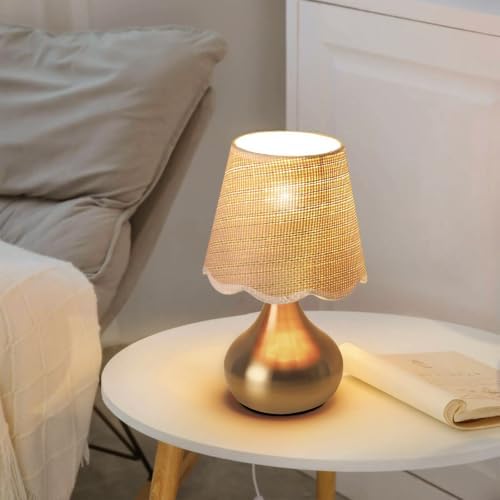 Small Table Lamp - Brass Gold Mini Table Lamps for Bedroom Vintage Decor Bedside Lamps for Night Stands Scalloped Rattan Shade Desk Lamp for Kids Room, Living Room, College Dorm, Home, Kitchen