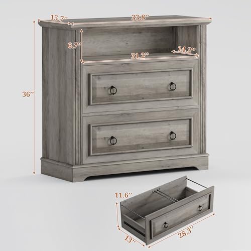 Itaar 2 Drawer File Cabinet, Farmhouse Filing Cabinet for Home Office Fits Letter, Legal, A4 Size, Wood Lateral File Cabinet with Printer Stand, Storage Shelf, Grey