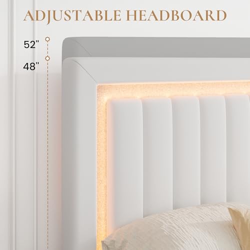 Full Size Velvet Bed Frame with LED Light, White