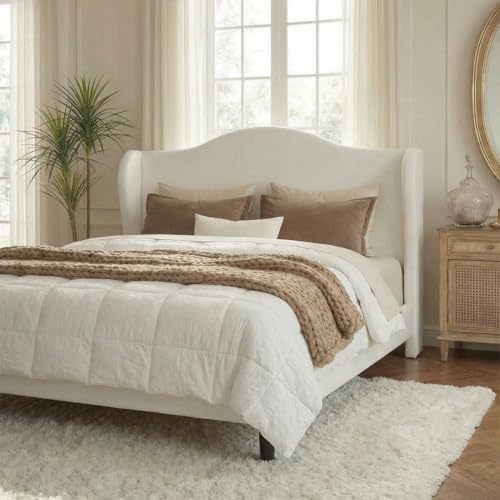 Queen Size Bed Frame, Plush Velvet Wingback, Modern Style, White