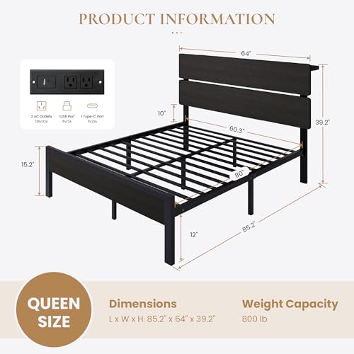 Queen Size Bed Frame, Led Light, Charging Station, Storage Shelf