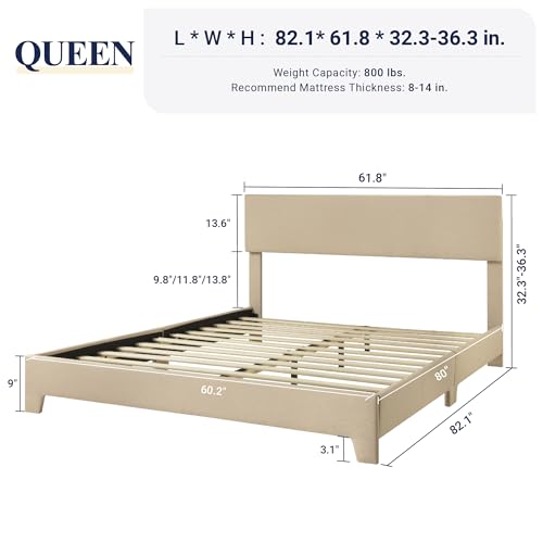Queen Size Upholstered Bed Frame Adjustable Headboard, Beige