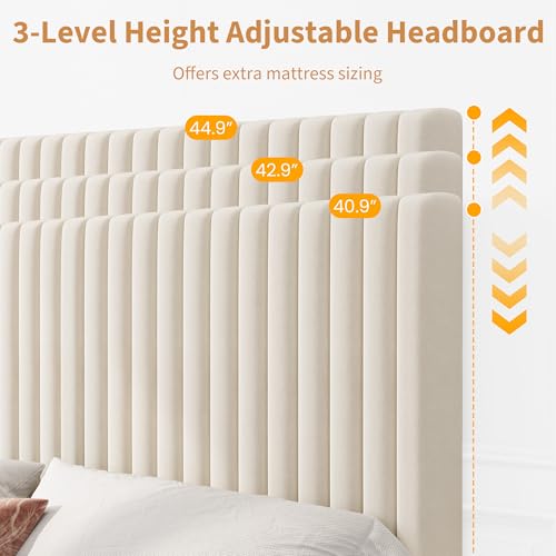 Full Bed Frame with Adjustable Headboard, Velvet Upholstered Platform Bed